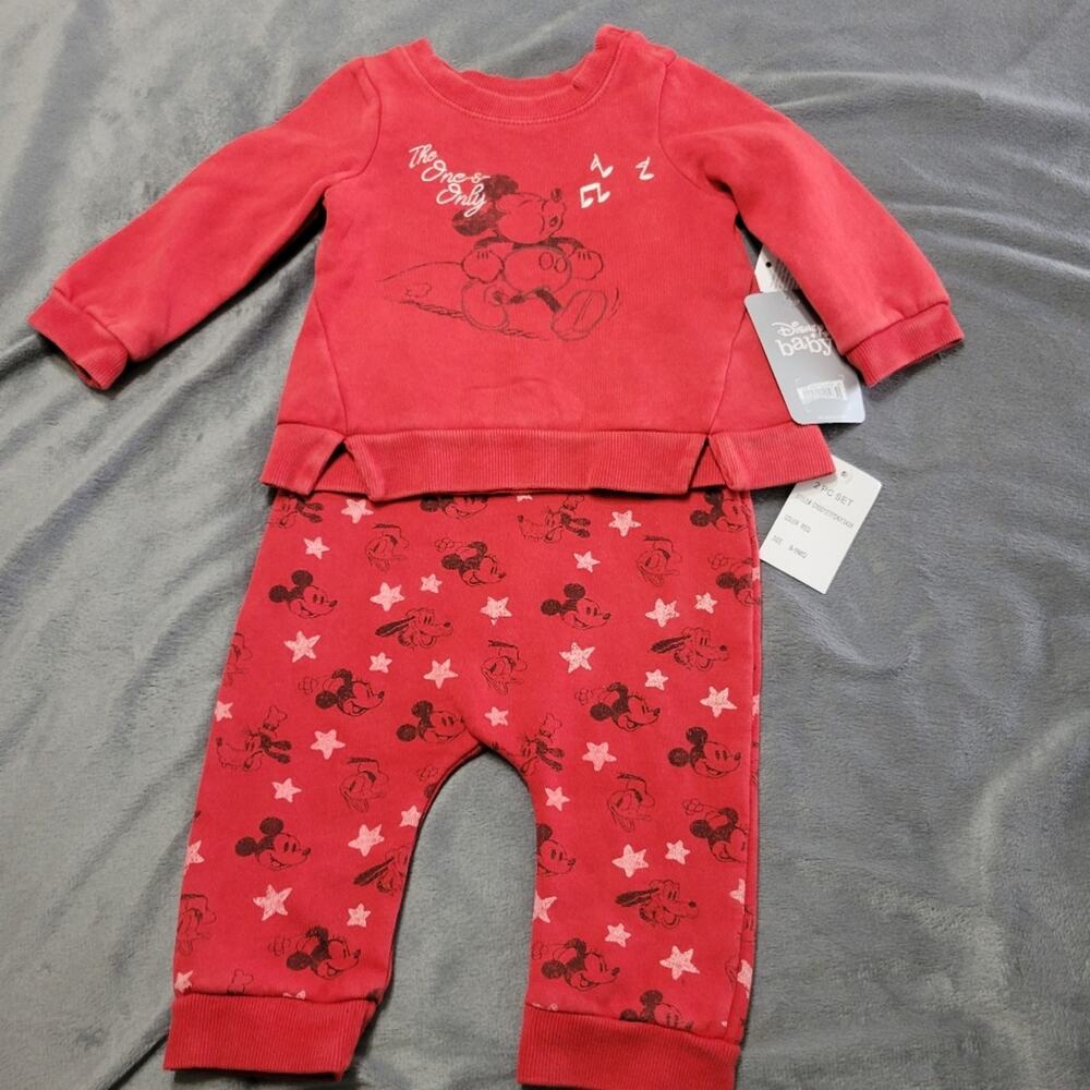 Disney Mickey Mouse Sweater Jogger Outfit Baby Girls 6-9 Month Red Sweatsuit New